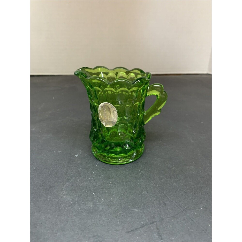 Vintage Kanawha Glass Green Thumbprint 3.5" Creamer Pitcher EUC Glows